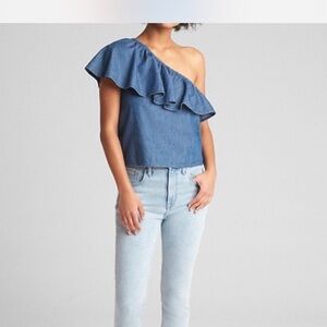 GAP Denim Blue Ruffle One-Shoulder Top